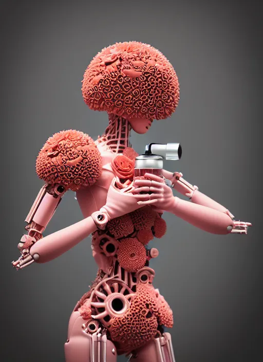 Image similar to biomechanical mannequin carrying perfume bottle enchanted coral kingdom made of corals, daisies, roses contoured smooth fair walls carrying perfume bottle, up close shot, sharp focus, global illumination, radiant light, alexandre ferra white mecha, irakli nadar, octane highly render, 4 k, ultra hd,