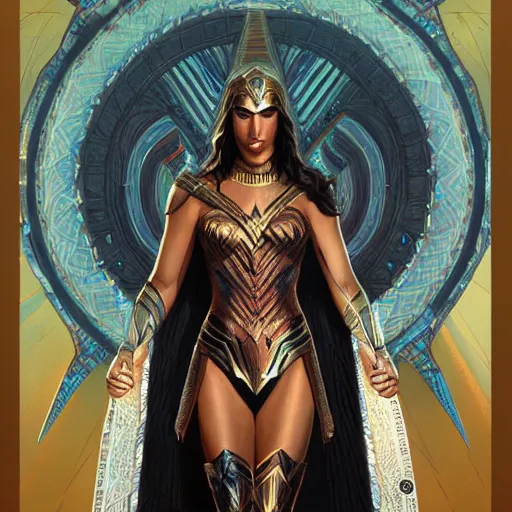 Image similar to gal gadot as totem aztek tribal , intricate, elegant, sharp focus, illustration, highly detailed, digital painting, concept art, matte, art by WLOP and Artgerm and Greg Rutkowski and Alphonse Mucha, masterpiece