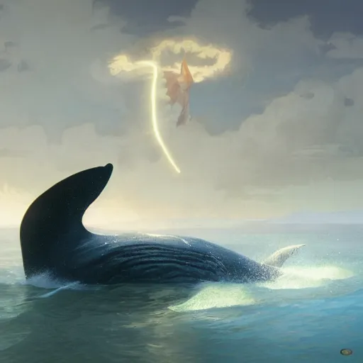 Prompt: Concept art, A whale floats in a cloud, 8k, bright light, alphonse mucha, james gurney, greg rutkowski, john howe, artstation