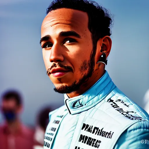 Prompt: closeup portrait of Lewis Hamilton at the formula 1 starting grid, by Steve McCurry and David Lazar, natural light, detailed face, CANON Eos C300, ƒ1.8, 35mm, 8K, medium-format print