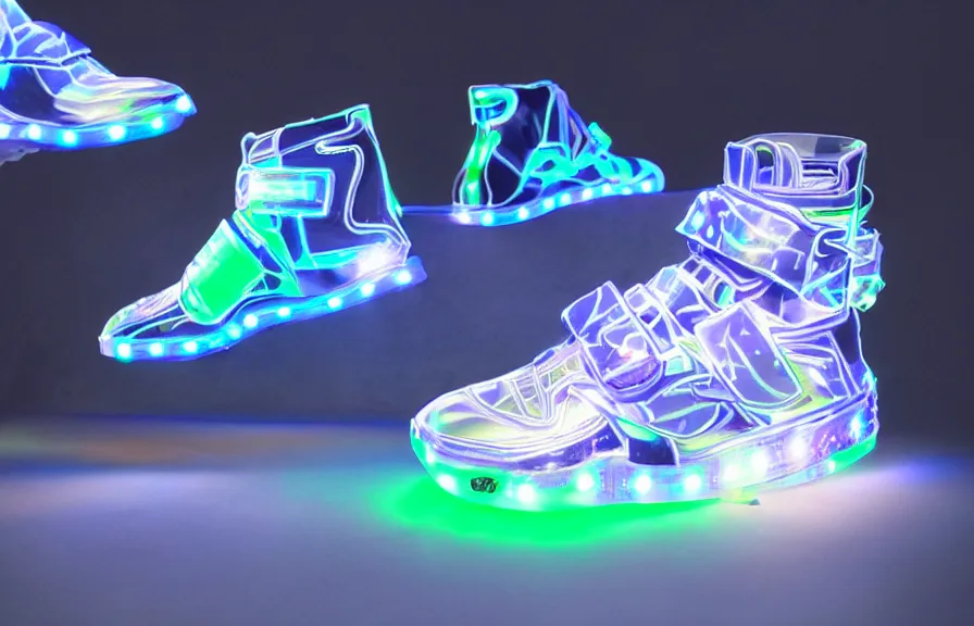 Prompt: generative design exoskeleton sneakers with led skin in the style of cyberdog, product shot, dynamic neon lighting