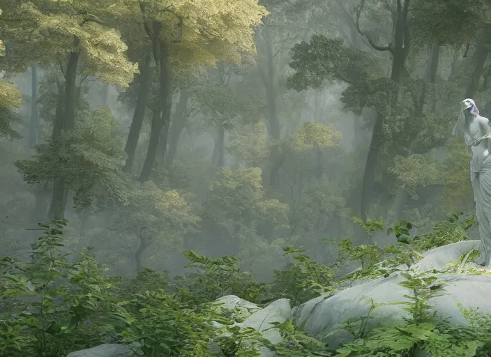 Image similar to an idealistic marble statue with fractal flowery hair, in a magical forest, painted by, mc escher, gordon onslow ford, georgia o'keeffe and ivan aivazovsky, cinematic light, god rays, colourful, unreal engine, zbrush central,