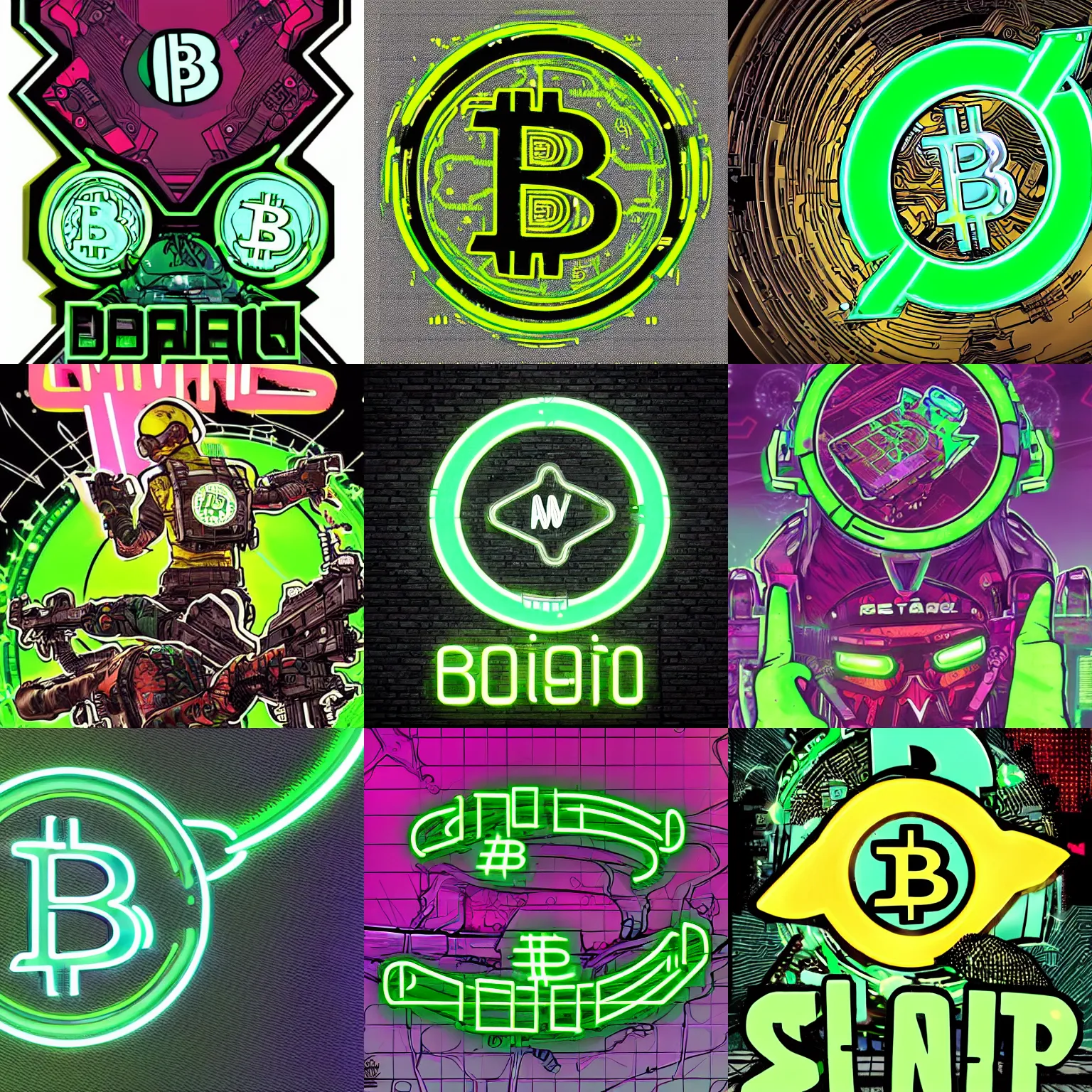 Prompt: waporware neon green bitcoin logo centered! that looks like it is from borderlands and by feng zhu and loish and laurie greasley, victo ngai, andreas rocha, john harris