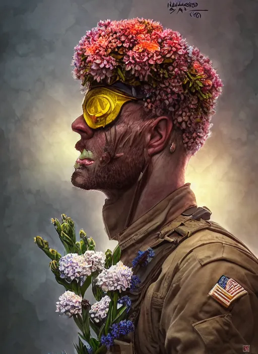 Image similar to handmade character portrait of an angry american soldier man, explosion of flowers, amaratyllis, hydrangea, chrysanthemum and hyacinth, in the style of artgerm and enki bilal and bastien lecouffe - deharme, wlop, line art, watercolor, cinematic lighting, hyperdetailed, hyperrealistic