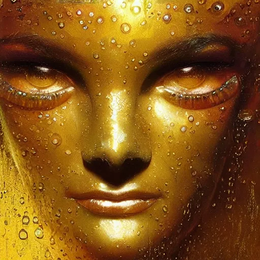 Prompt: an intricate, detailed face of an android, golden skin with water drops on it, dramatic lighting, masterpiece, John Berkey