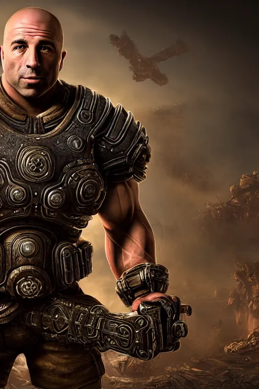 Prompt: Joe Rogan as a smiling muscular Gears of War character, photorealism, full body, HDR ambient background, unreal engine 5, hyperrealistic, highly detailed, XF IQ4, 150MP, 50mm, F1.4, ISO 200, 1/160s, cinematical light, Adobe Lightroom, photolab, Affinity Photo, PhotoDirector 365, realistic