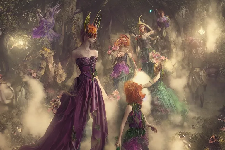 Prompt: enchanted fae carnival, re-raphaelite fairies, featured on artstation, richly dressed crowd, unreal engine, dramatic cinematic lighting smooth, sharp focus, extremely detailed