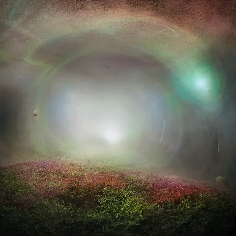 Image similar to a planet of various fungus, mushrooms and plants, inside the picture is infinity, Atmospheric phenomenon, artistic photography, muted colors, conceptual, long exposure outside the city, volumetric light