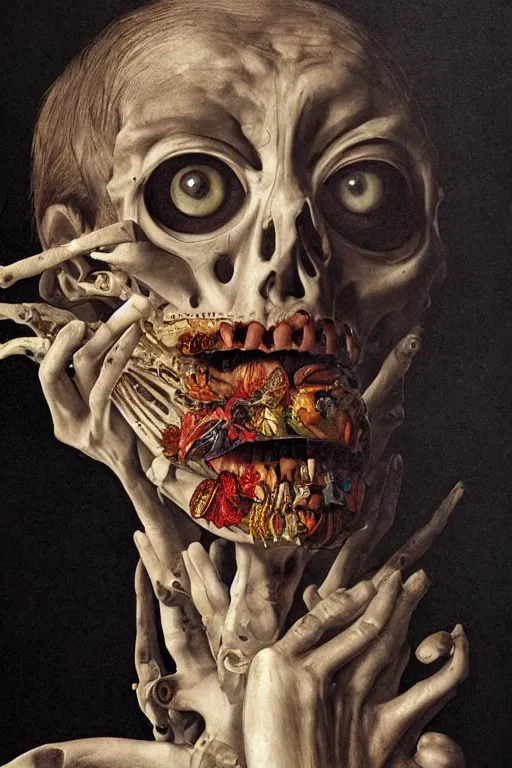 Prompt: Detailed maximalist portrait with large lips and with large, wide eyes, angry expression, extra bones, flesh, HD mixed media, 3D collage, highly detailed and intricate, surreal, illustration in the style of Caravaggio, dark art, baroque