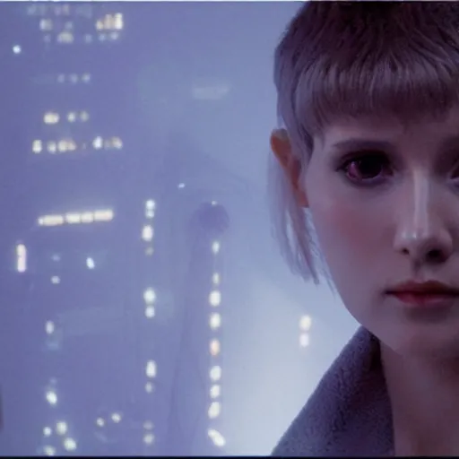 Prompt: joi from blade runner as a giant translucent hologram, leaning forward to look at a regular sized person on a bridge, neo noire