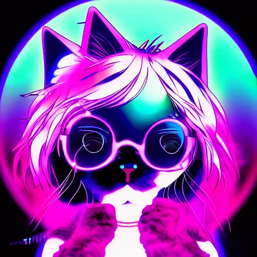 Image similar to anime cat, portrait, vaporwave, synthwave, neon, vector graphics, cinematic, volumetric lighting, f 8 aperture, cinematic eastman 5 3 8 4 film