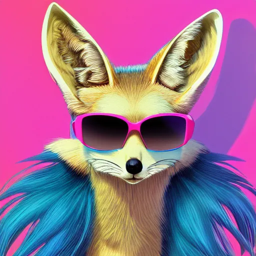 Prompt: fennec fox, pink and blue mohawk hairstyle, palm trees, furry, aviator sunglasses, synthwave style, artstation, detailed, award winning, dramatic lighting, miami vice, oil on canvas, 4k