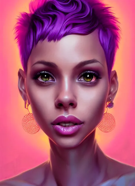 Image similar to portrait of vanessa morgan with bright pink hair, curly pixie cut hair, wearing a purple breton cap, breton cap, hoop earrings, intricate, elegant, glowing lights, highly detailed, digital painting, artstation, concept art, smooth, sharp focus, illustration, art by wlop, mars ravelo and greg rutkowski