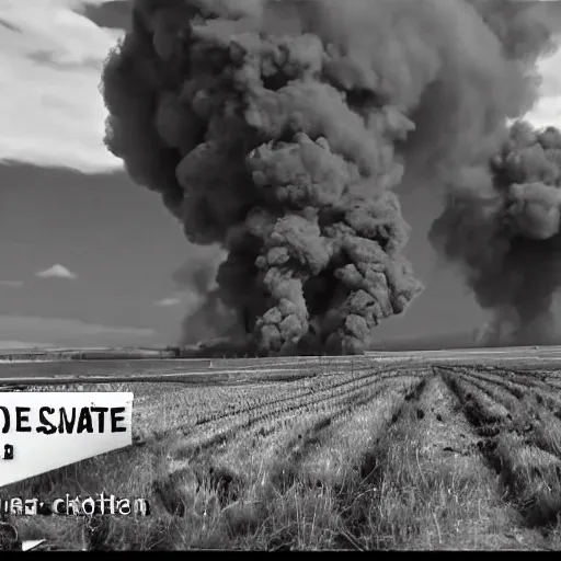 Prompt: combat drone strike war footage, black and white, high contrast, green overlay, nuclear cloud