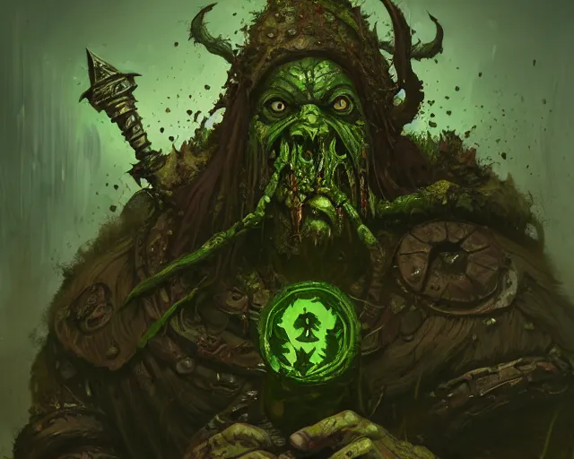 Image similar to wide shot of a cultist of nurgle, green and brown colours, bottom up green lighting, rotting, deep focus, d & d, fantasy, intricate, grim, highly detailed, digital painting, artstation, concept art, matte, sharp focus, illustration, hearthstone, art by artgerm and greg rutkowski and alphonse mucha