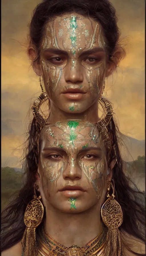 Prompt: epic masterpiece portrait of a beauty, tribal makeup and jewelry, sweaty skin, hyperrealistic, octane render, cinematic, beautiful face and flawless skin, perfect hands, emeralds by Edgar Maxence and Ross Tran and Michael Whelan, Legends of Runeterra