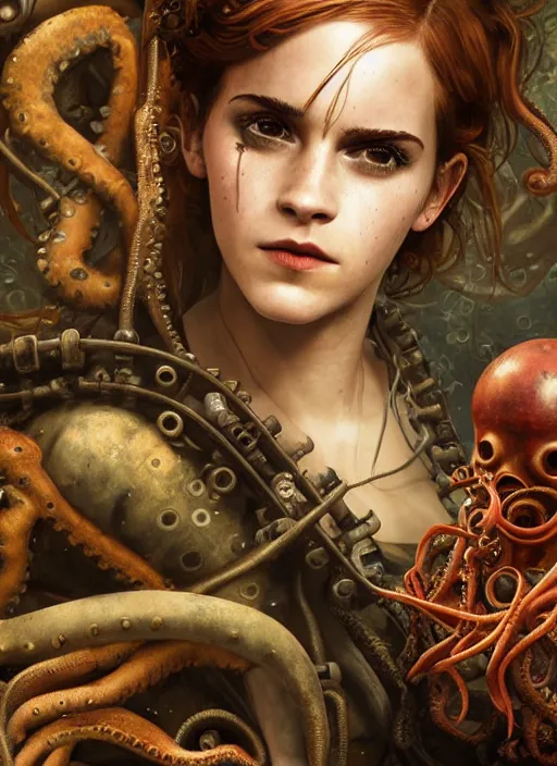 Image similar to underwater steampunk pirate portrait of emma watson, red hair, octopus, giger, hyper detailed, digital art, cinematic lighting, studio quality, smooth render, unreal engine 5, octane rendered, art style by klimt and nixeu and ian sprigger and wlop and krenz cushart.
