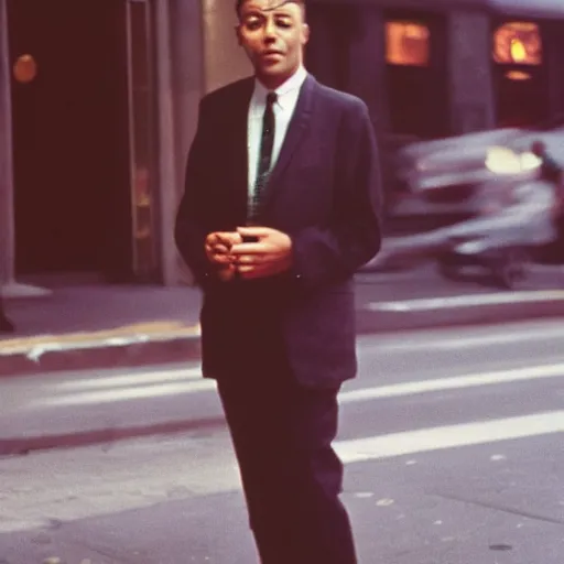 Prompt: portrait of a man in a suit in the streets of new york, 1 9 6 0 s, photo taken with ektachrome, featured on flickr, photographed on expired film