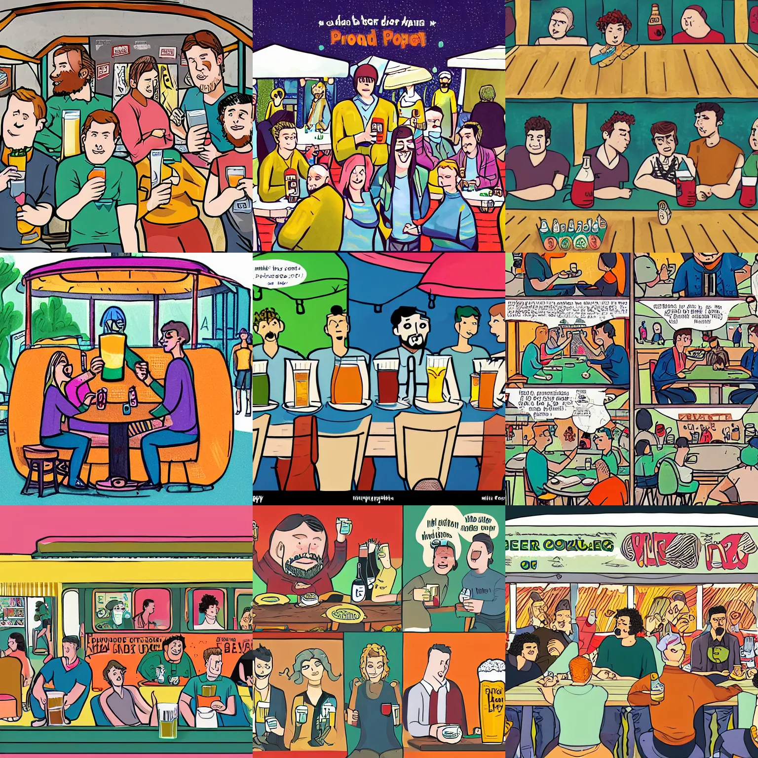 Prompt: a group of humans of vastly different sizes, drinking beers in the covered dining area of a food card pod. drawn in the style of a colorful ya indie comic