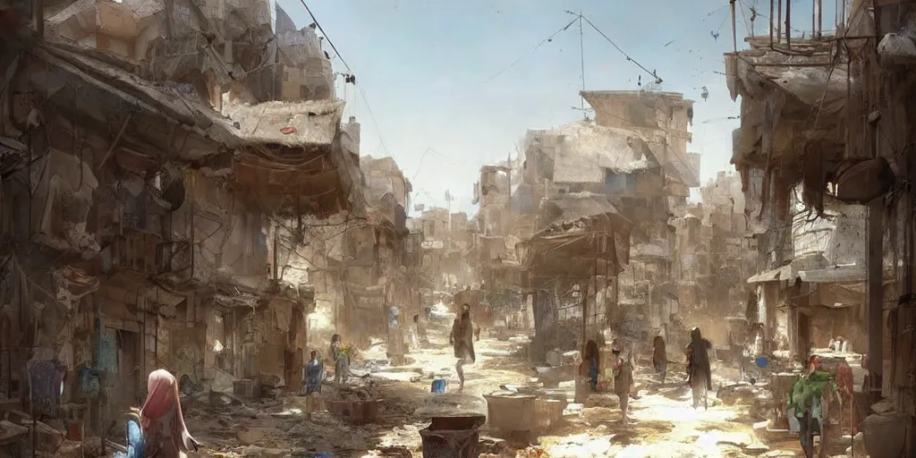 Prompt: hyper realistic, beautiful syrian slums village, cleaned up,, concept art, painted by greg rutkowski, highly detailed,