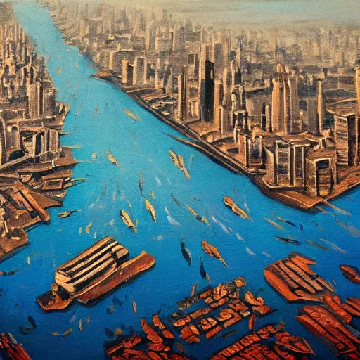 Prompt: oil painting of new york city if it was completely underwater and was inhabited by fish