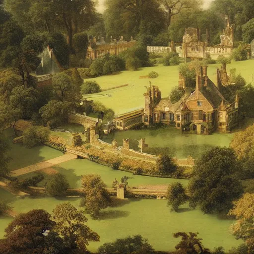 Prompt: aerial view of english stately home, lawns, gardens, lake, woodland, fantasy, carl spitzweg, g liulian, david curtis, christophe vacher, james paick