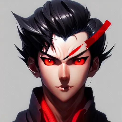 Image similar to anime portrait of a slick black hair guy with red eyes by stanley artgerm lau, wlop, rossdraws, james jean, andrei riabovitchev, marc simonetti, and sakimichan, trending on artstation