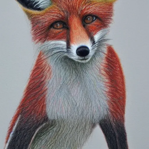 Prompt: colored pencil drawing of a fox in a waistcoat