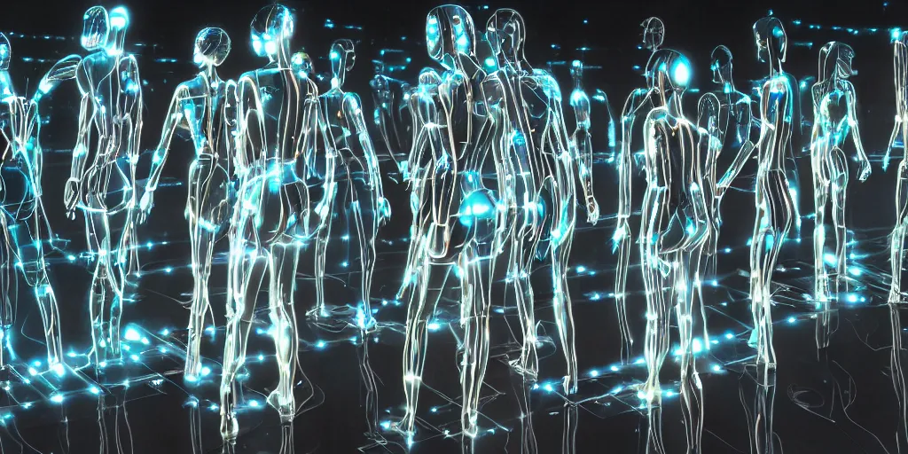 Image similar to groups of androids with glowing electronic bodies, from behind, rebirth, beauty, wide angle, elaborate, wet, highly detailed, colors, beautiful lighting