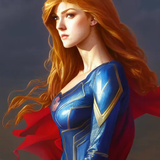 Image similar to Katherine McNamara as Super Girl, western, D&D, fantasy, intricate, elegant, highly detailed, digital painting, artstation, concept art, matte, sharp focus, illustration, art by Artgerm and Greg Rutkowski and Alphonse Mucha