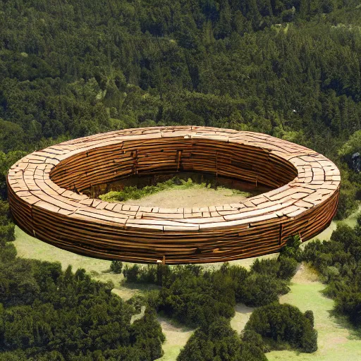 Image similar to Aerial establishing shot of circular wooden palisade with an orc-village inside