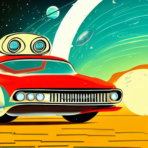 Image similar to 1960s car on a road in space driving towards a planet, trending on art station