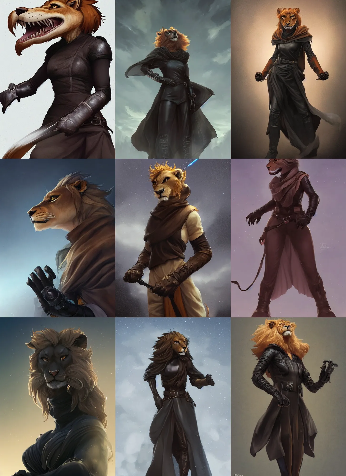 Prompt: beautiful portrait of a roaring female anthropomorphic lioness fursona wearing black jedi robes. leather gloves. leather boots. character design by charlie bowater, ross tran, artgerm, and makoto shinkai, detailed, soft lighting, rendered in octane