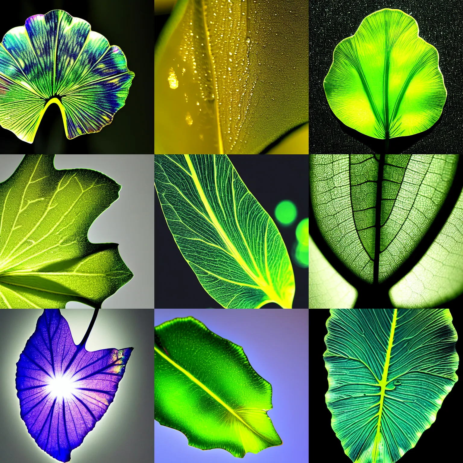 Prompt: high definition hd photography of a ginkgo leaf, translucent, refractive and reflective, shimmering, pearly iridescent, black background.