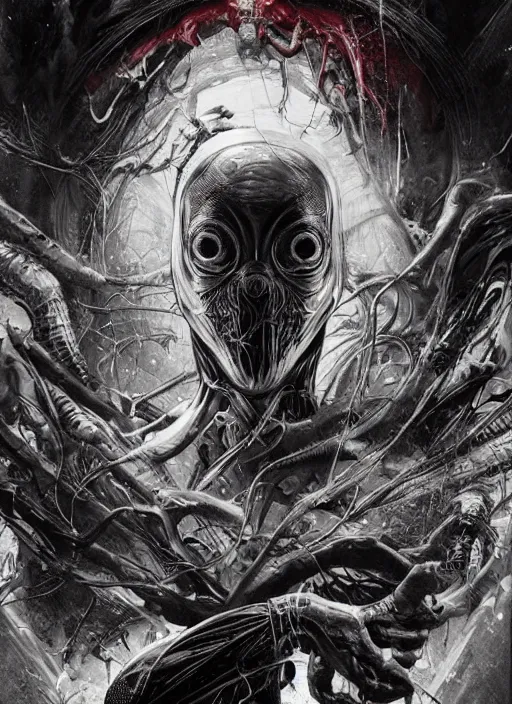 Prompt: a dream film poster of a dystopic world full of aberration, black & white, melting, webbing, 8 k, by tristan eaton, stanley artgerm, tom bagshaw, greg rutkowski, carne griffiths, ayami kojima, beksinski, giger, trending on deviantart, face enhance, hyper detailed, minimalist, horror, alien