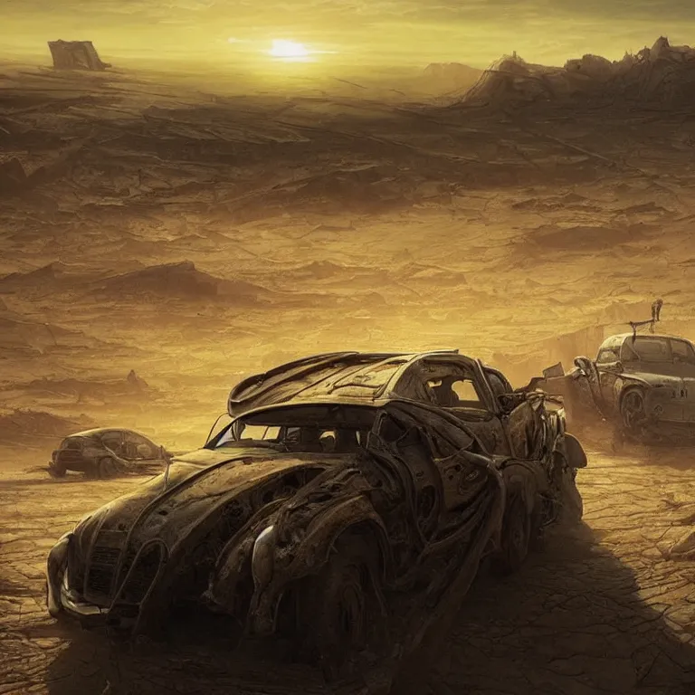 Image similar to A car trudging across a vast desert under an unrelenting sun. award winning. superb resolution. in the art style of greg rutkowski and alphonse mucha. Detailed post-apocalyptic wasteland in background. Hyper realistic. Perfect art.