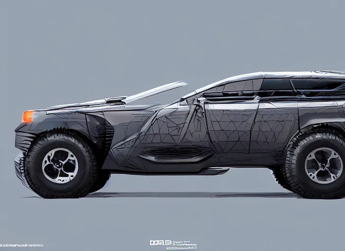 Prompt: wide view shot of a new car for 2 0 3 2 with offroad tires installed. style by petros afshar, christopher balaskas, goro fujita, and rolf armstrong. car design by dmc and land rover.