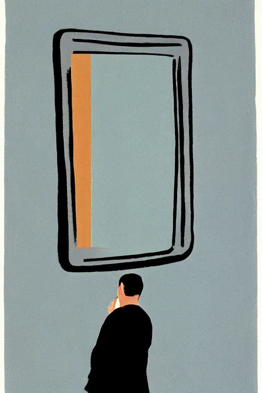 Image similar to man looking at his reflection in the mirror, 1960’s minimalist advertising illustration, painterly, expressive brush strokes