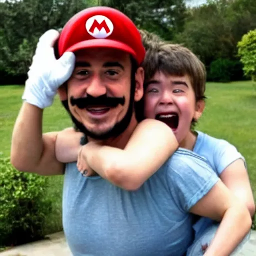 Image similar to super mario smiling while holding a screaming crying kid in his arms