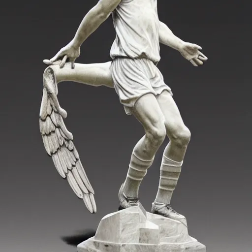 Prompt: detailed marble statue of a soccer goal keeper with angel wings, miguel angelo