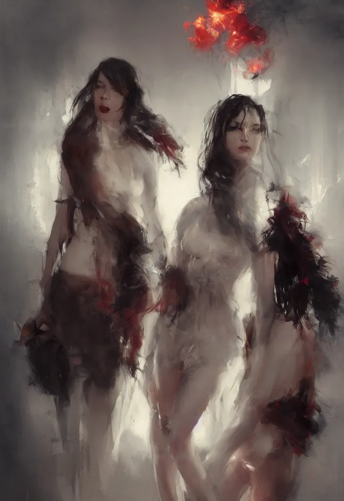 Prompt: full body portrait of a duo of 2 0 years old girl figures, messy hair, oriental tattoos, bespoke tailor suits, beautiful, dramatic, cinematic lighting, few fire red highlights, by jeremy mann and greg rutkowski, oil on canvas, artstation, pixiv