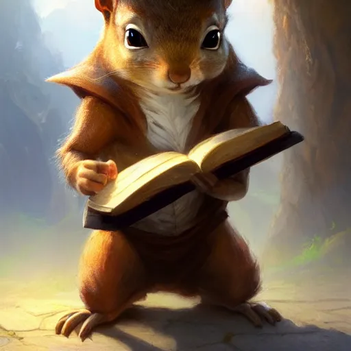 Image similar to a detailed portrait of a squirrel wizard holding an ancient book, by justin gerard and greg rutkowski, digital art, realistic painting, dnd, dungeons & dragons, character design, trending on artstation