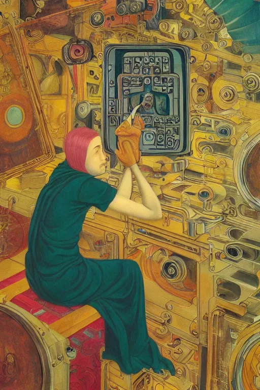 Prompt: realistic portrait of an engineer woman fixing the samsara holy cluster, fine portrait, concept art, stunning, in the style of brecht evens and jean delville