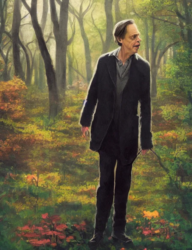 Prompt: steve buscemi in central park. gouache fairytale art, russian romanticism, muted palette, backlighting, depth of field