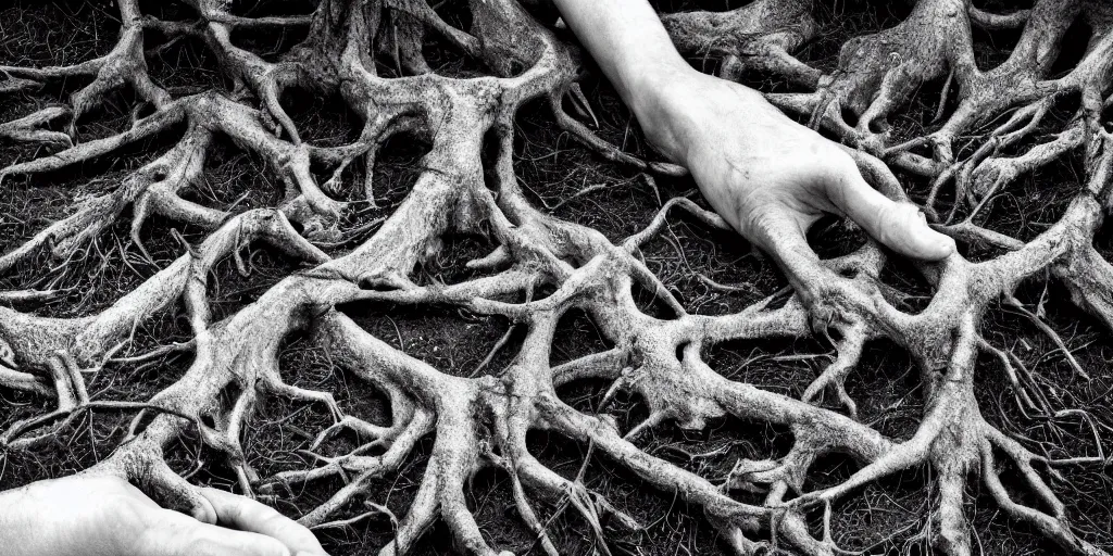 Prompt: ego perspective photography of own hands, rotting, getting overgrown by roots, forest, dolomites, alpine, detailed intricate insanely detailed octane render, 8k artistic 1920s photography, photorealistic, black and white, chiaroscuro, hd, by David Cronenberg, Raphael, Caravaggio