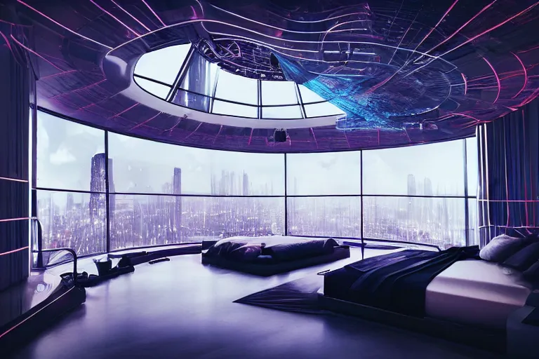 Image similar to a futuristic bedroom with large curved ceiling high windows looking out to a far future cyberpunk cityscape, cyberpunk neon lights, raining, scifi