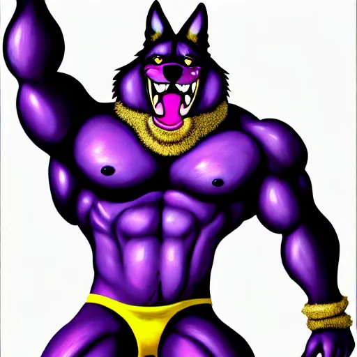 Image similar to painting of an anthropomorphic bulky muscular purple wolf, furry style, wearing jeans, deviant art, fursona, professional furry drawing, insanely detailed, bulky wolf - like face with dragon features, doing a pose from jojo's bizarre adventure, detailed veiny muscles, exaggerated features, beautiful shading, huge teeth, grinning, colorful background