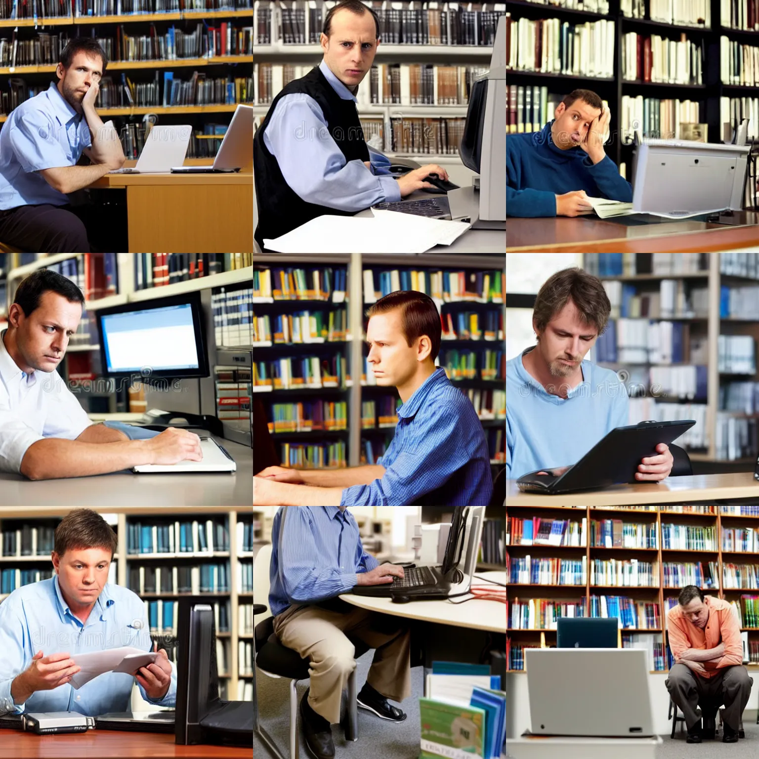 Prompt: a nervous, guilty looking man sitting at a library computer, downloading a car, stock photo from 1 9 9 9
