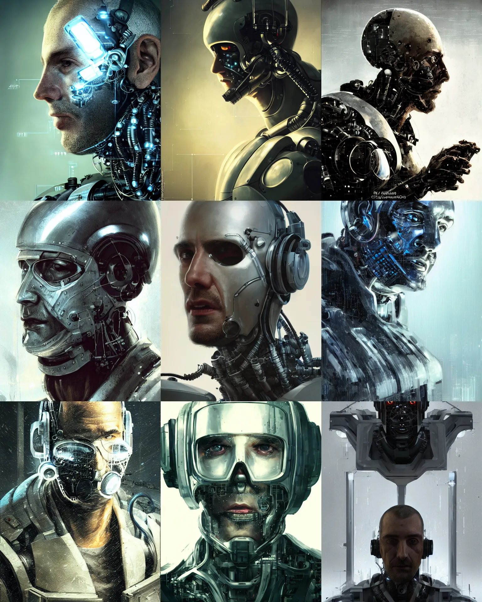 Prompt: a half - masked rugged laboratory engineer man with cybernetic enhancements as seen from a distance with whitespace around him, scifi character portrait by greg rutkowski, esuthio, craig mullins, 1 / 4 headshot, cinematic lighting, dystopian scifi gear, gloomy, profile picture, mechanical, cyborg, half robot, implants, dieselpunk