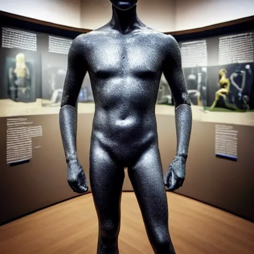 Image similar to “a realistic detailed photo of a guy who is an attractive humanoid who is half robot and half humanoid, who is a male android, British diver Jack Laugher, shiny skin, posing like a statue, blank stare, at the museum, on display”